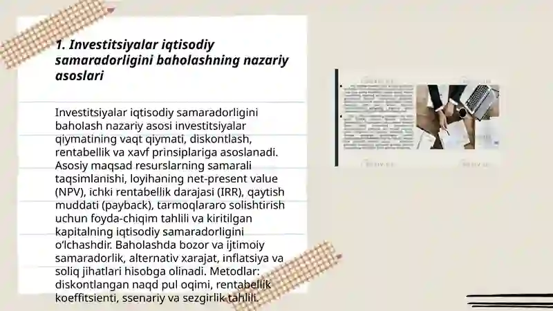 INVESTITSIYALAR IQTISODIY SAMARADORLIGINI BAHOLASH USLUBI 3