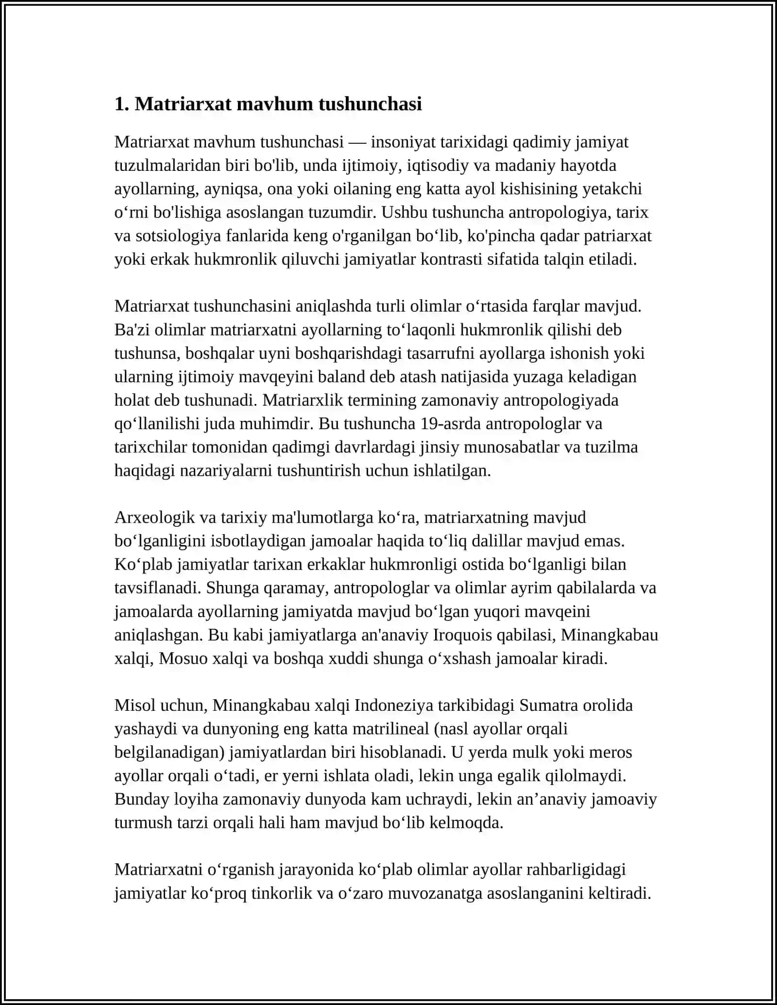 MUSTAQIL ISH Mavzu: INSONYATNING TARIXIY RIVOJLANISHIDA MATRIARXAT DAVRI 3