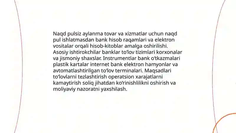 Naqd pulsiz aylanma, uning mohiyati,uni tashkil etish tamoyillari va ahamiyati 3
