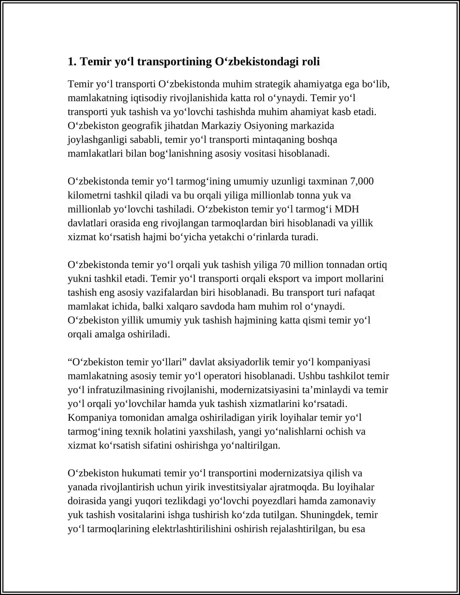 O‘ZBEKISTON RESPUBLIKASI TEMIR YO‘L QOIDASI, UNING YUK TASHISHDA TUTGAN O‘RNI 3