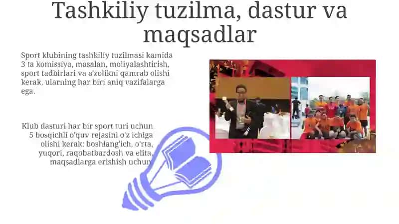 Klub dasturi har bir sport turi uchun 5 bosqichli o'quv rejasini o'z ichiga olishi kerak 3