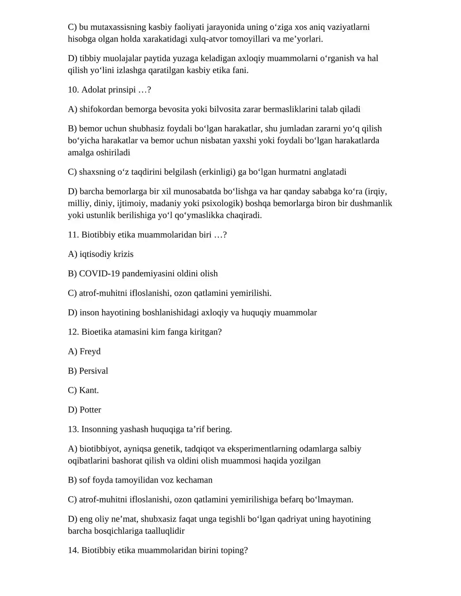 Bioetika Test Savollari (O'zbekcha) 3