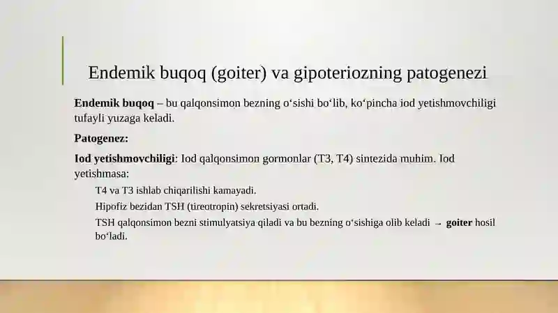 Endemik buqoq va gipoterioz patogenezi va davolash usullari. Buyraklarning kalsiy, fosfor va bikarbonat almashinuvidagi ahamiyati. 3