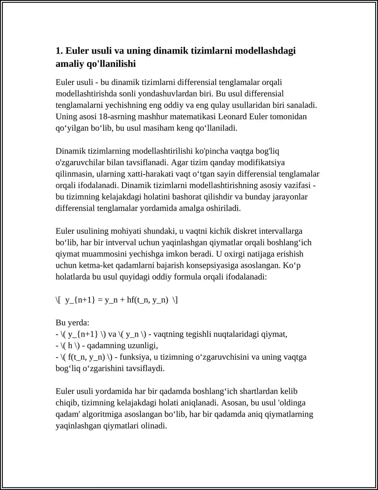DINAMIK SISTEMALARNI MODELLASHTIRISH UCHUN DIFFERENSIAL TENGLAMALARNI SONLI YECHISH USULLARI 3
