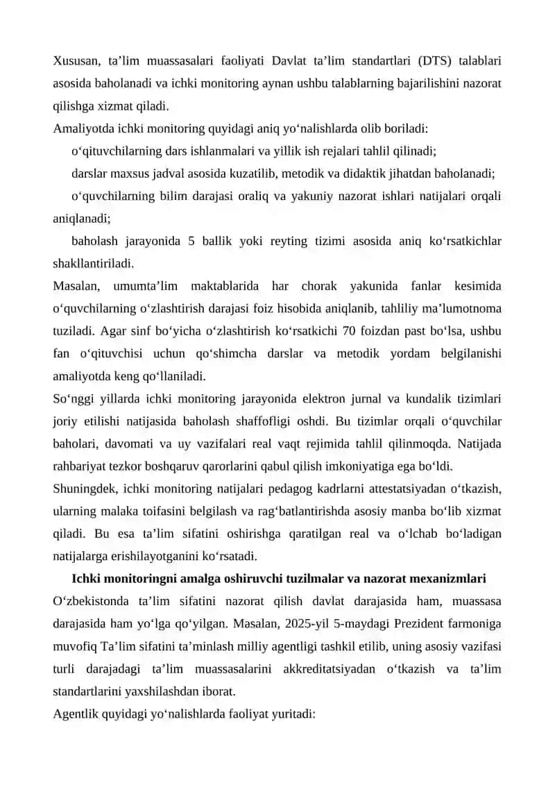 OʻZBEKISTON TAʼLIM TIZIMIDA ICHKI MONITORING AMALIYOTI 3