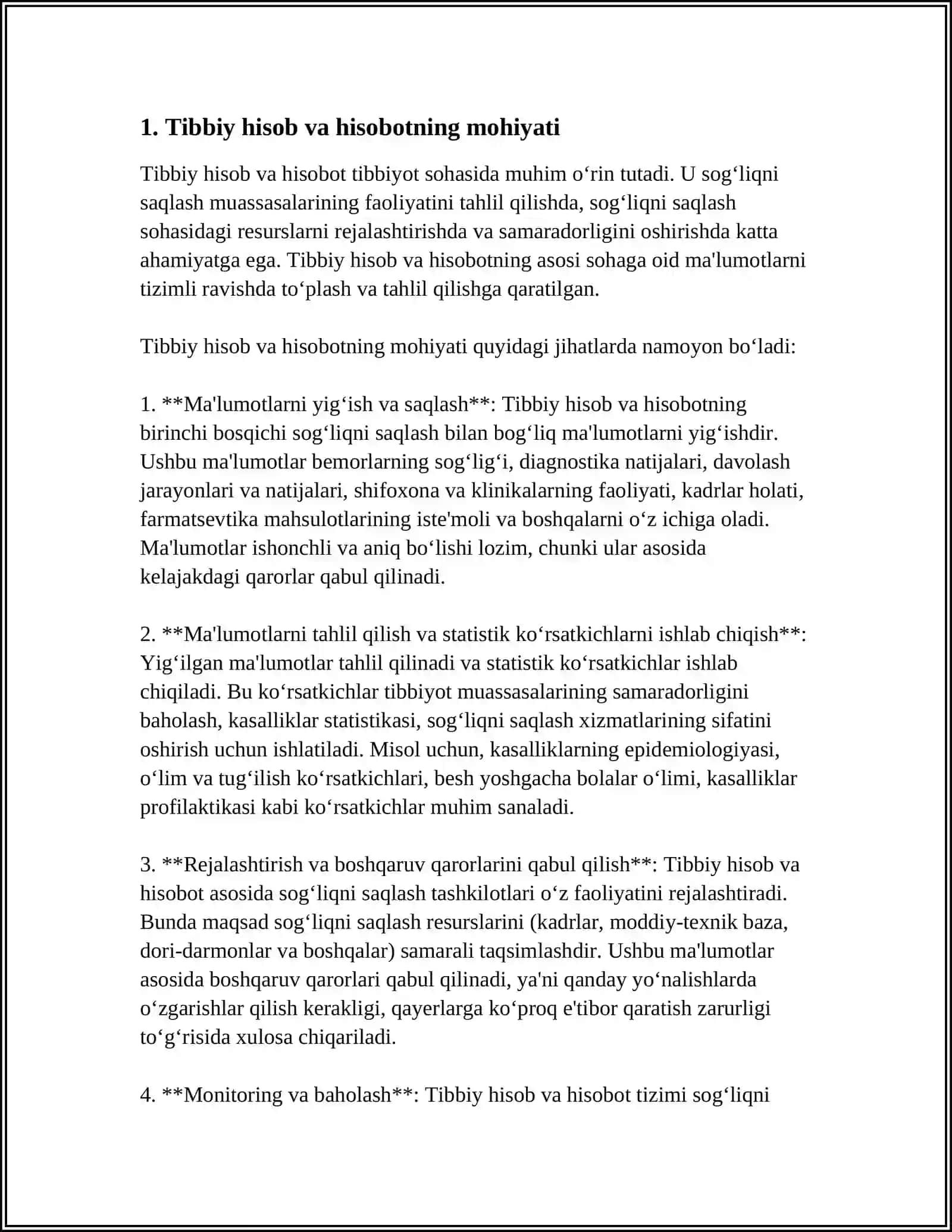 MUSTAQIL ISH Mavzu: TIBBIY HISOB VA HISOBOTNING TIBBIYOT XIZMATI FAOLIYATINI TASHKILLASHTIRISHDAGI AHAMIYATI 3