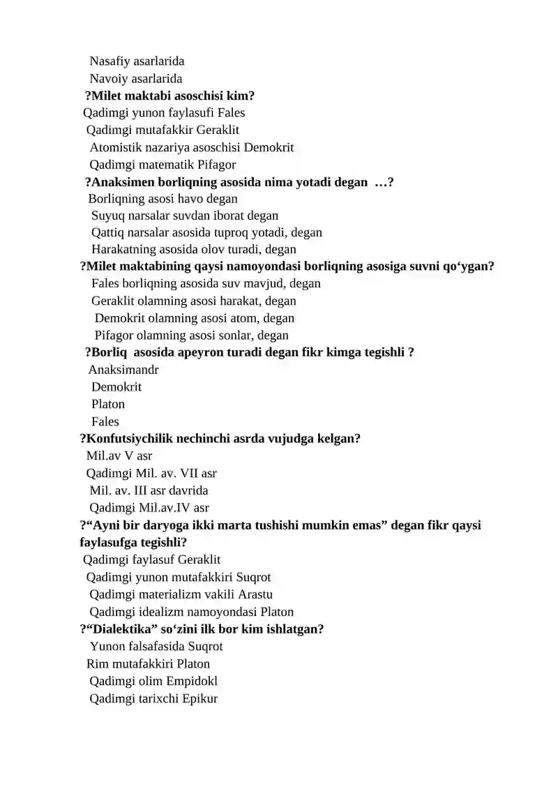 "Falsafa" fanidan yakuniy nazorat uchun test savollari 3