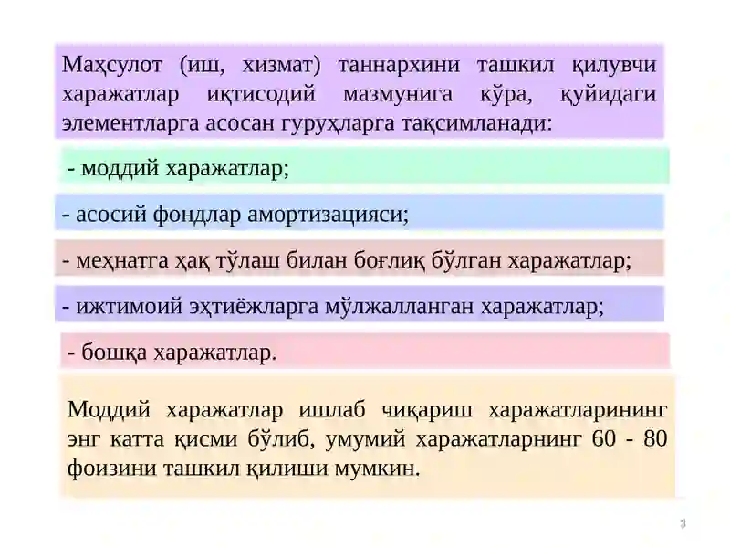 Бизнес юритишда ишлаб чиқариш харажатлари ва маҳсулот таннархи таҳлили 3