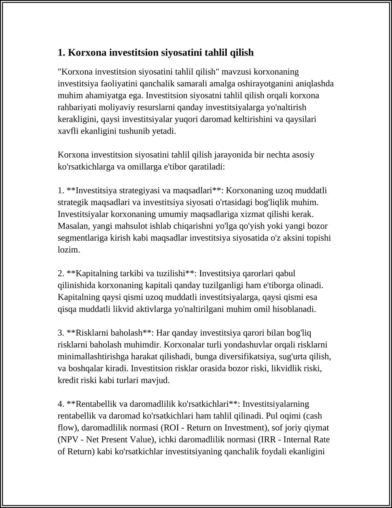 Korxona investitsion siyosatini tahlil qilish 3