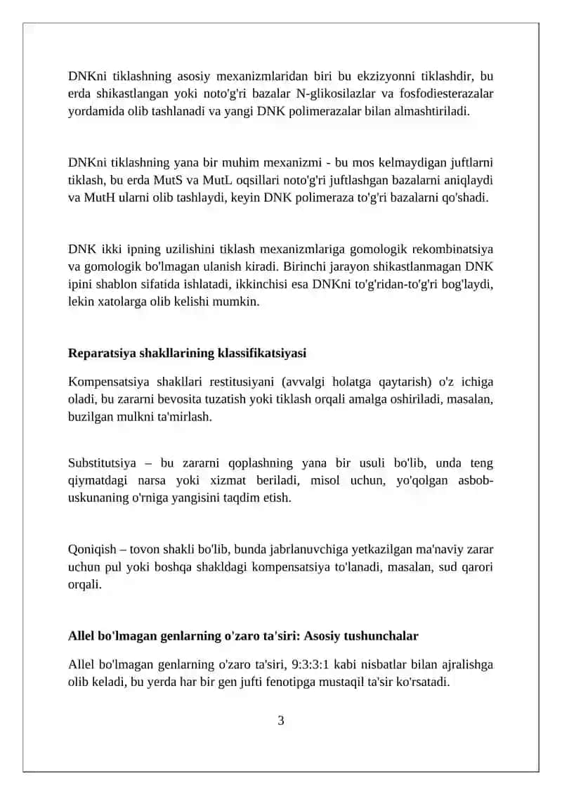 Reparatsiya formatlari faoliyatining xilma xilligi.Noallel genlarning oʻzoro ta'siri.Pleyotropiya 3
