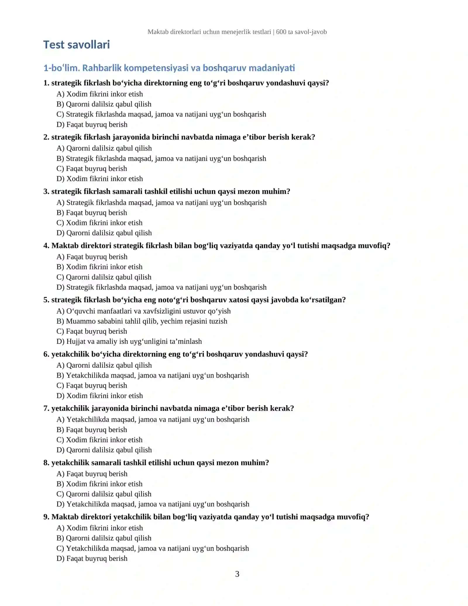 Maktab direktorlari uchun menejerlik sertifikati testlari | 600 ta savol-javob va javoblar kaliti 3