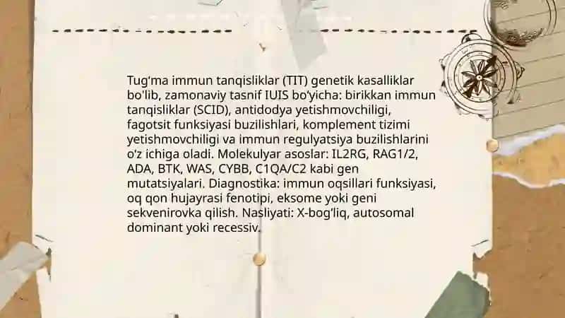 Immunpatologiya xozirgi zamon klassifikatsiyasi:tugʻma va hayot davomida orttirgan immun tanqisliklari 3
