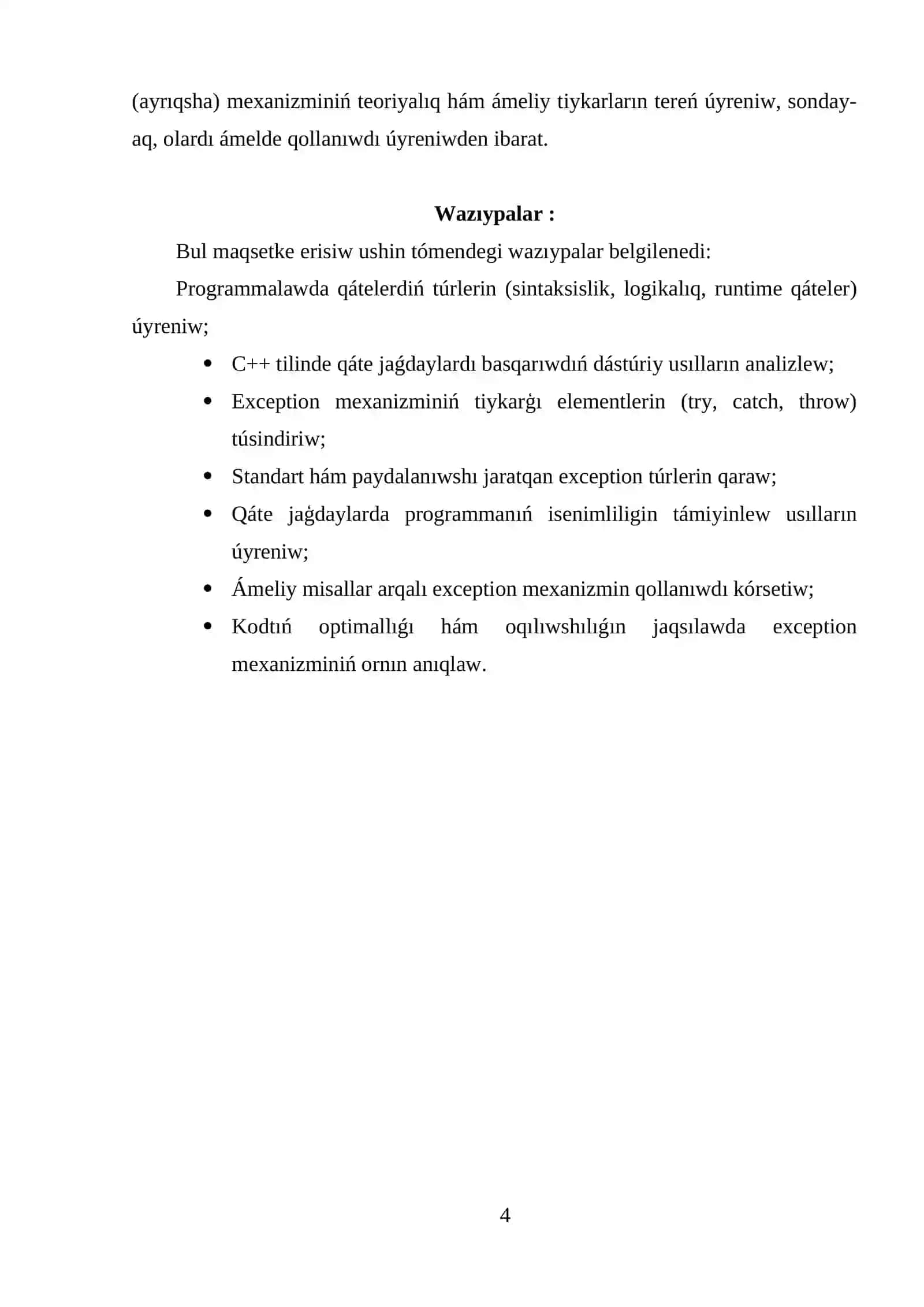 c++ tilinde qáte jaǵdaylar menen islew (exceptions) 3