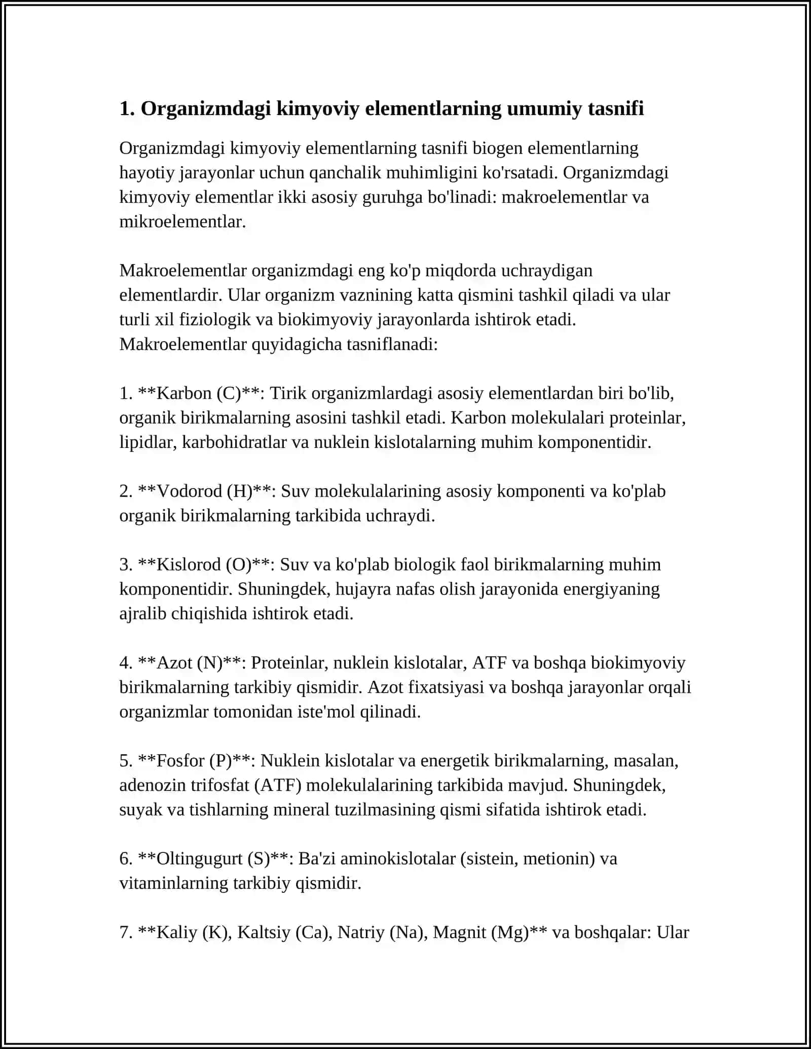 ORGANIZIMDAGI KIMIYOVIYELEMENTLAR ULARNING MIQDORIY TARKIBI VA VAZIFALARI BIOGEN ELEMENTLARSIFAT REAKSIYALARI 3