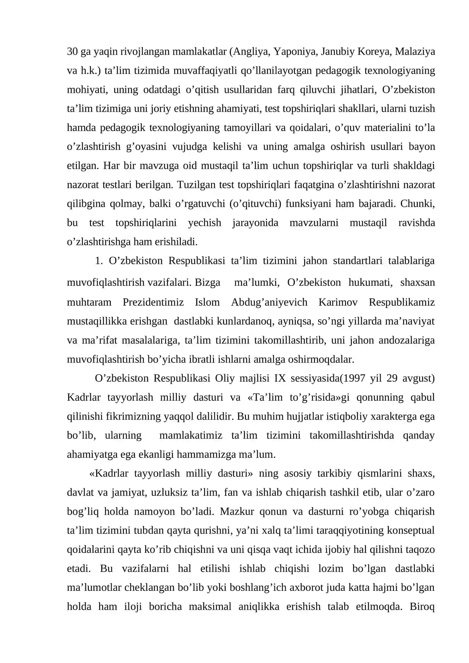 Kadrlar tayyorlash milliy dasturida ta’lim jarayonini ilg’or pedagogik texnologiyalar bilan ta’minlashning zarurligi 3