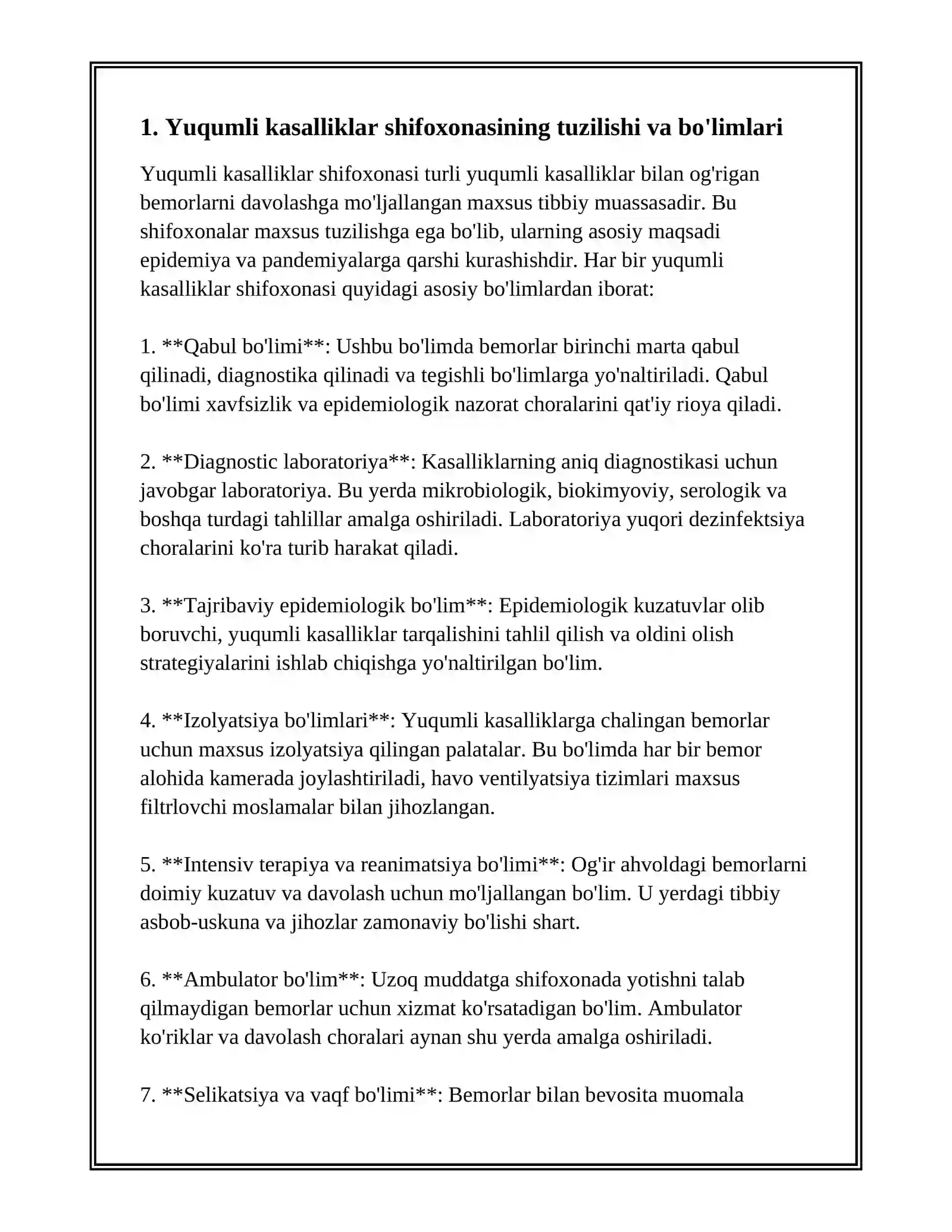YUQUMLI KASALLIKLAR SHIFOXONASI BILAN TANISHISH. YUQUMLI BO'LIMLARDA EPIDEMIYAGA QARSHI SANITARIYA TARTIBI 3
