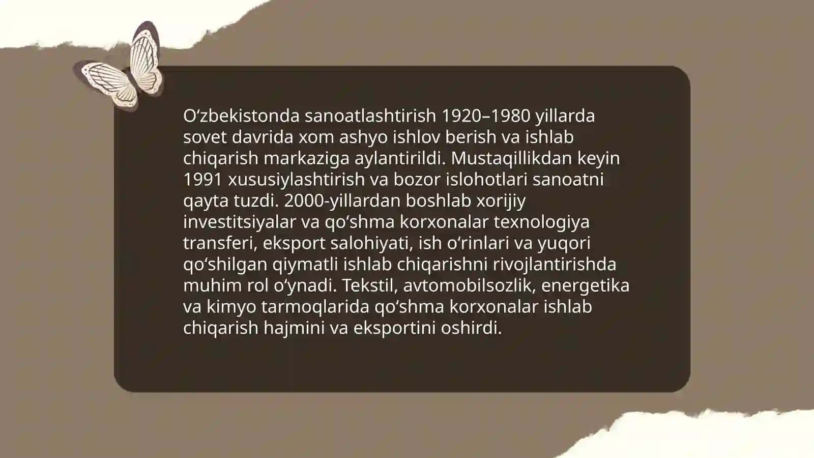 Oʻzbekistonda sanoatning rivojlanishi Qoʻshma korxonalar faoliyati 3