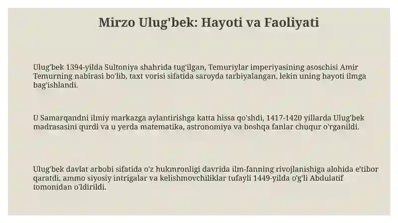 Mirzo Ulug'bek: Davlat arbobi va buyuk olim 3
