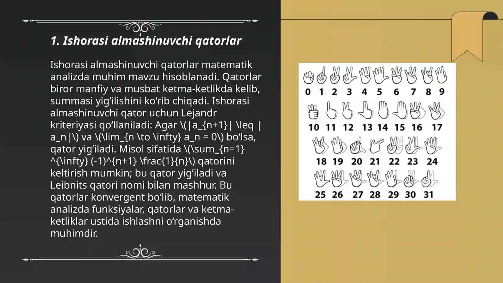 Ishorasi almashinuvchi va o‘zgaruvchan ishorali sonli qatorlar. Leybnits teoremasi. Absolyut va shartli yaqinlashish 3