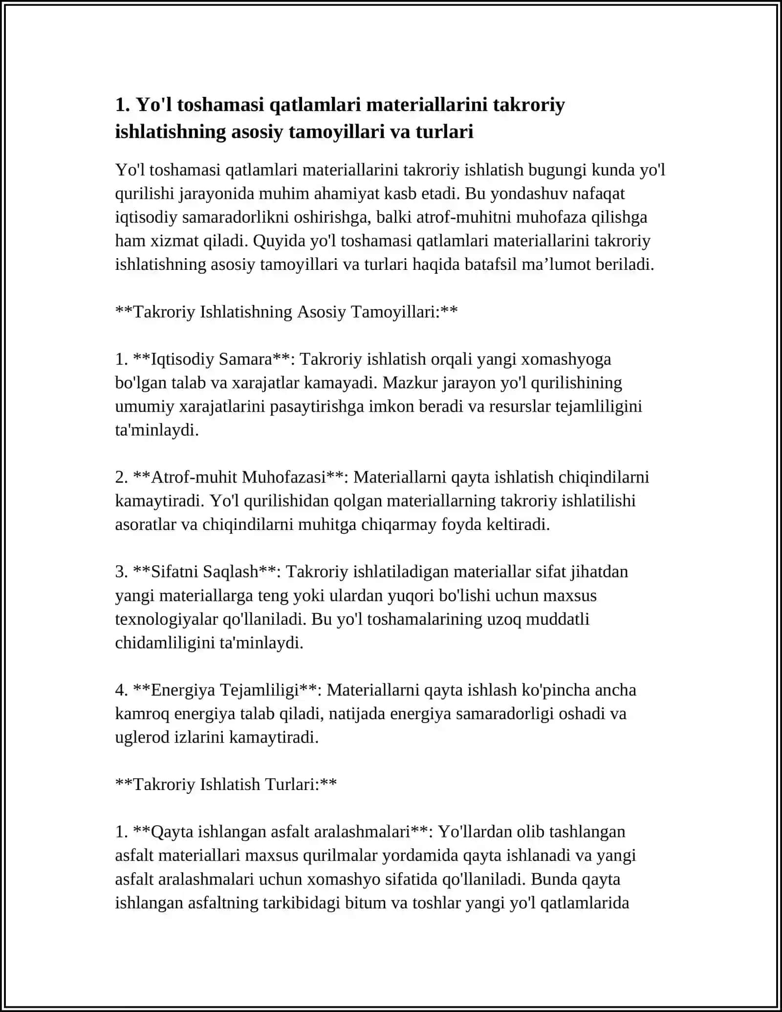 Yo'l toshamasi qatlamlari materiallarini takroriy ishlatish 3