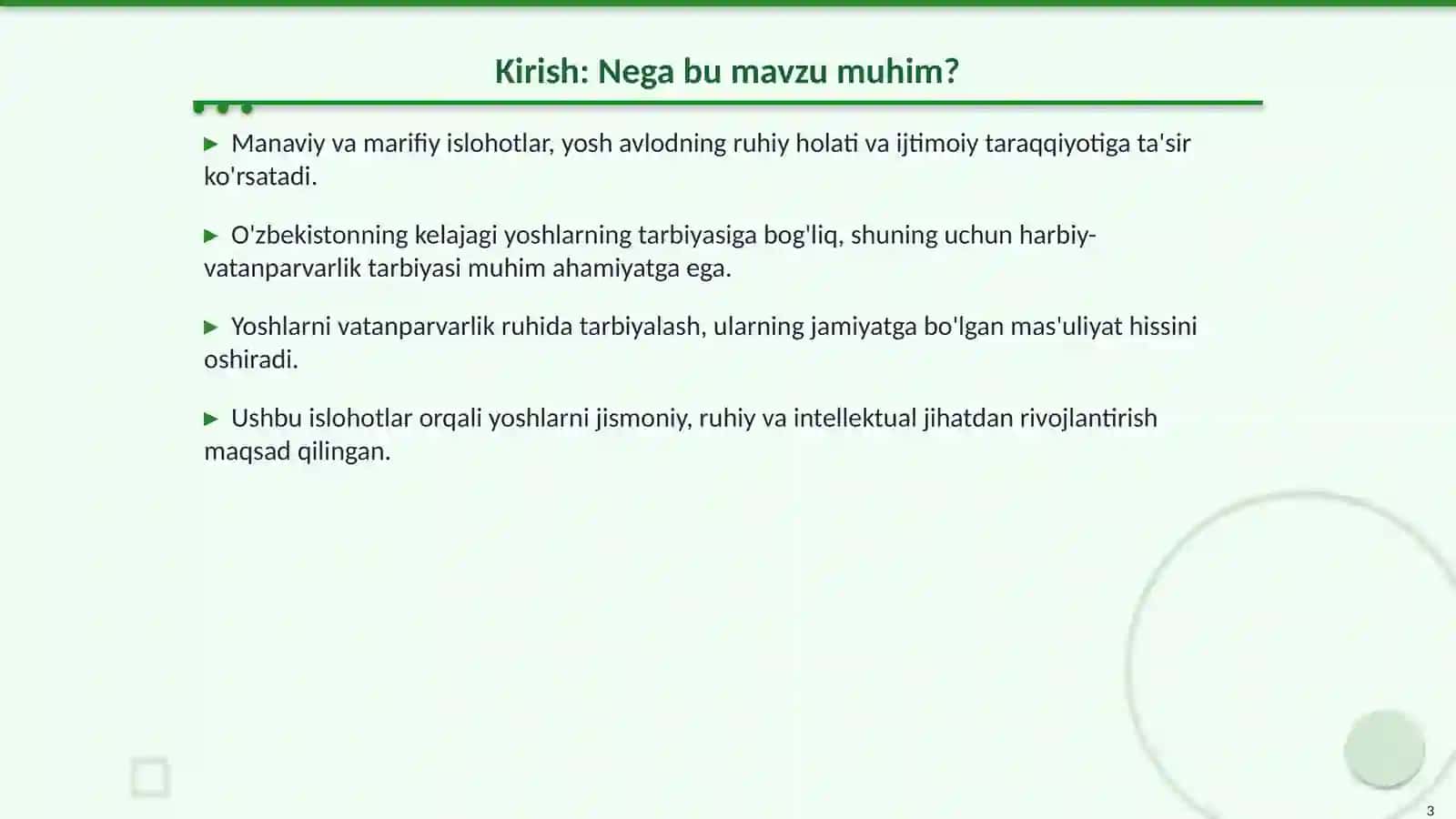 Manaviy va Marifiy Islohotlar: Yoshlarni Vatanparvarlik Ruhida Tarbiyalash 3
