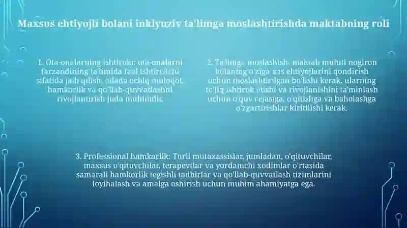 UmumtaʼLim Maktabi Yoki Maktabgacha Tashkilotda Inklyuziv TaʼLim Sharoitida OʻQishga Moslashishida Oila Va Maktabning OʻRni 3