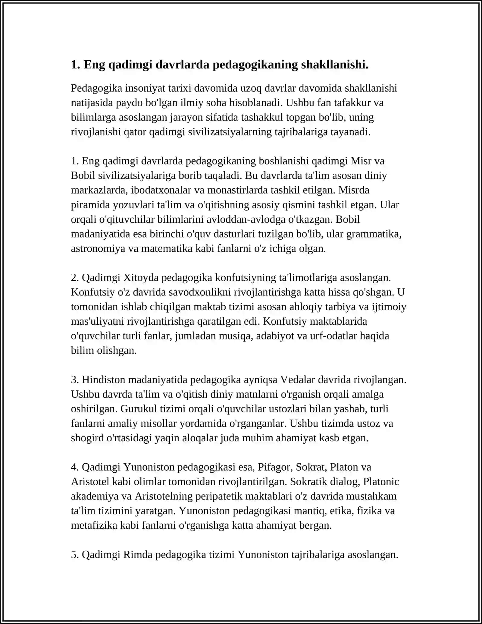 ENG QADIMGI DAVRLARDAN 19 ASRNING BIRINCHI YARMIDA JAHON PEDAGOGIKA FANINING RIVOJLANISH TARIXI.YA.A.KOMENSKIYNING PEDAGOGIK NAZARIYASI 12ASRDA ROSSIYADA PEDAGOGIK ADABIYOTLARNNG NASHR ETILISHI.RUS PEDAGOG OLIMLARNING PEDAGOGIK G’OYALARI 3