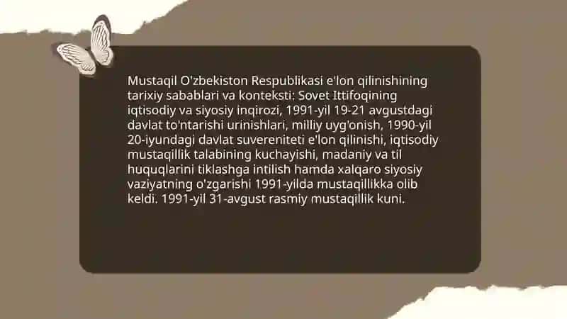 Mustaqil O'zbekiston Respublikasi tashkil topishining tarixiy ahamiyati. O'zbekistonning o'ziga xos istiqbol va taraqqiyot yo'li 3