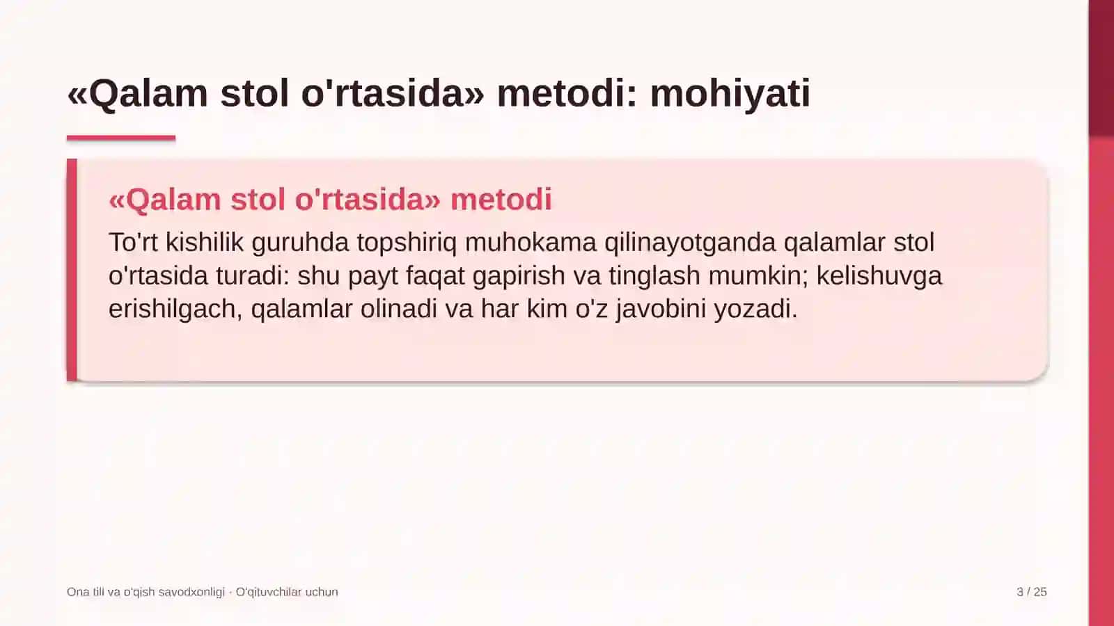 ona tili va o'qish savodxonligi darslarida qalam stol o'rtasida metodidan foydalanish 3663 3