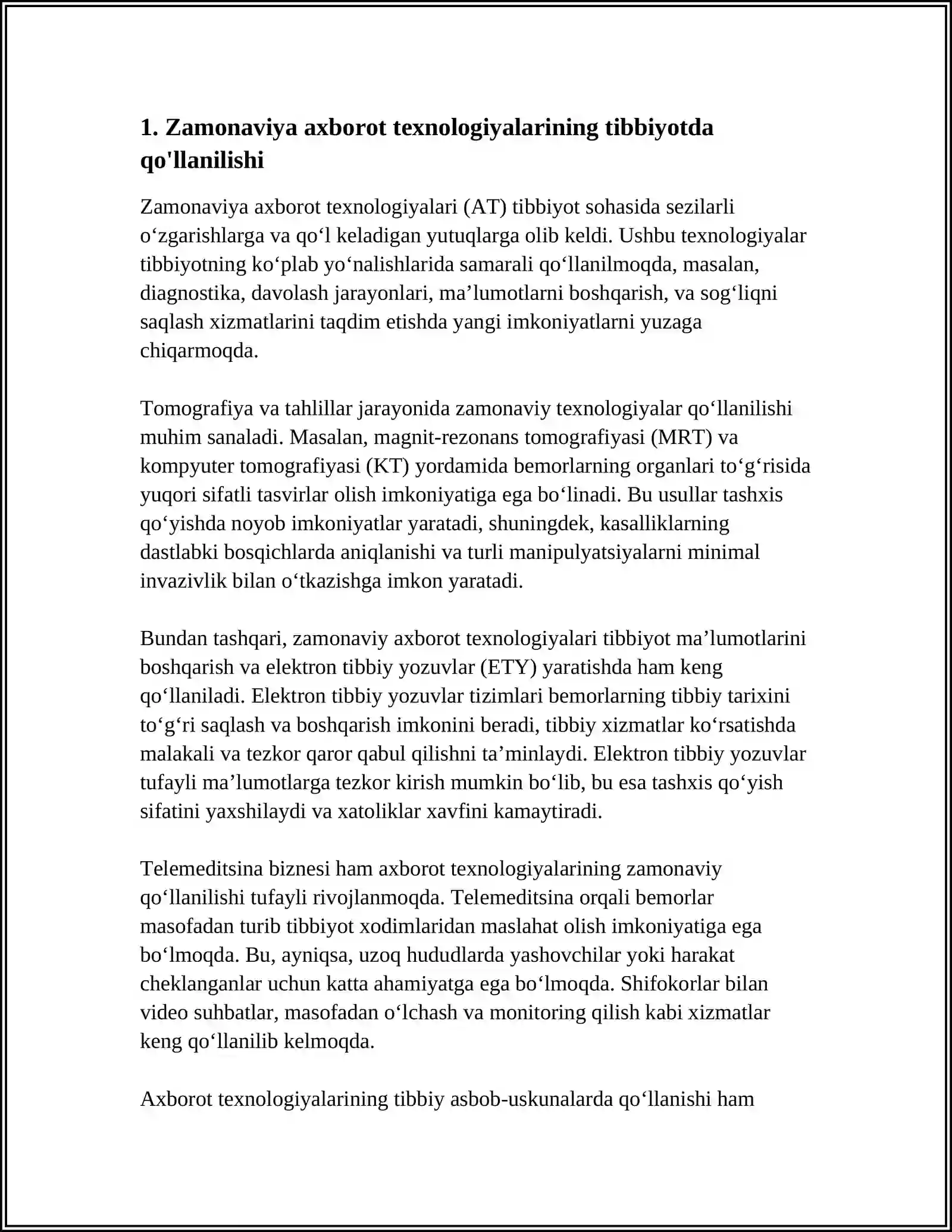 ZAMONAVIY AXBOROT TEXNOLOGIYALARIDAN BUGUNGI KUNDA FOYDALANISH DARAJASI, ULARNI TIBBIYOTNING TURLI SOXALARIDA MA' LUMOTLAR TO'PLASHDA, DIAGNOSTIKA VA DAVOLASHDA TUTGAN O'RNI 3
