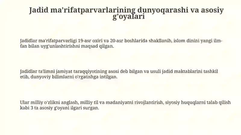 Jadid ma'rifatparvarlarining o'lka ijtimoiy - ma'naviy hayotida tutgan o'rni 3