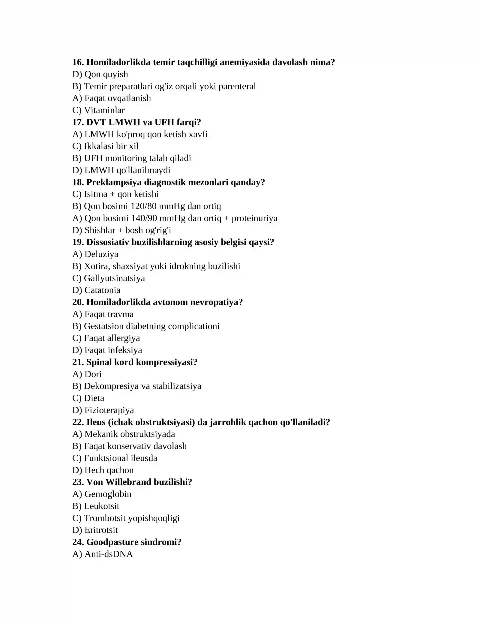 Tibbiy savollar: TAYYORGARLIK TEST TO'PLAMI 3