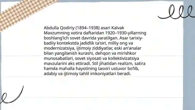 Abdulla Qodiriyning "Kalvak Maxzumning xotira daftaridan" asari tahlili 3