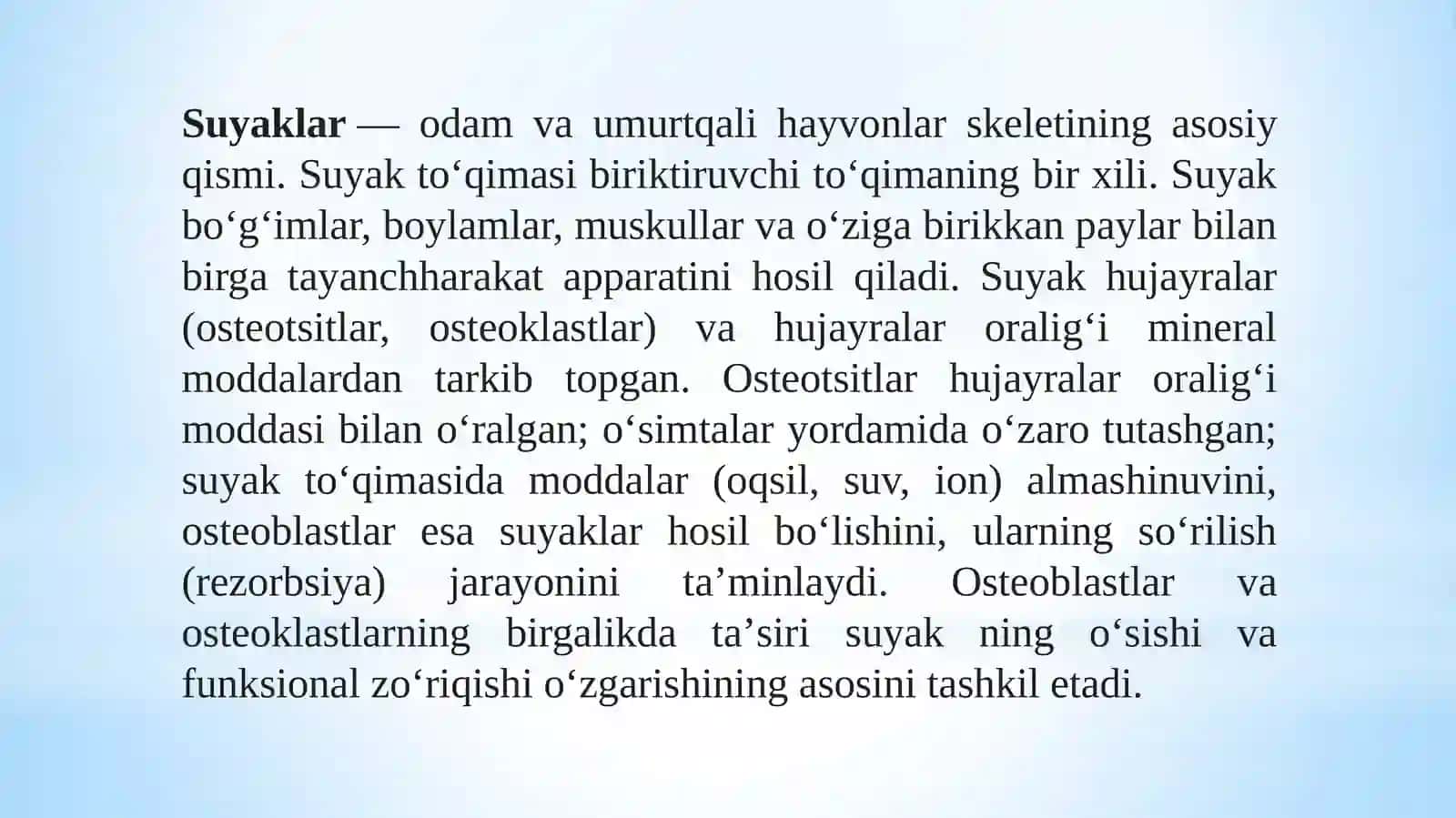 Suyak to’qimalarining minerallashuvi, uning tartibga solinishi va buzilishilari. Suyak to’qimalarining regeneratsiyasi va transplantatsiyasi. Suyakning o’sishga ta’sir etuvchi omillar 3