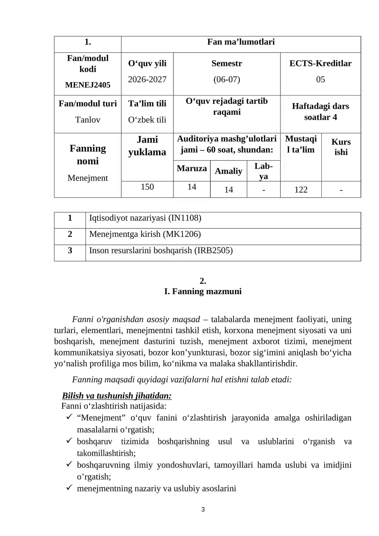 O‘quv dasturi "MENEJMENT 1, 2" 3