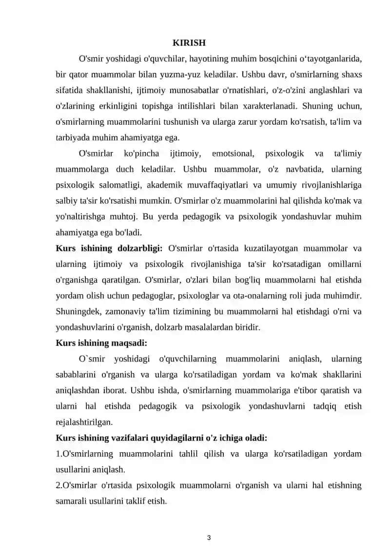 O'SMIR YOSHDAGI O'QUVCHILARNING MUAMMOLARI VA ULARGA KO'RSATILADIGAN YORDAM KURS ISHI 3