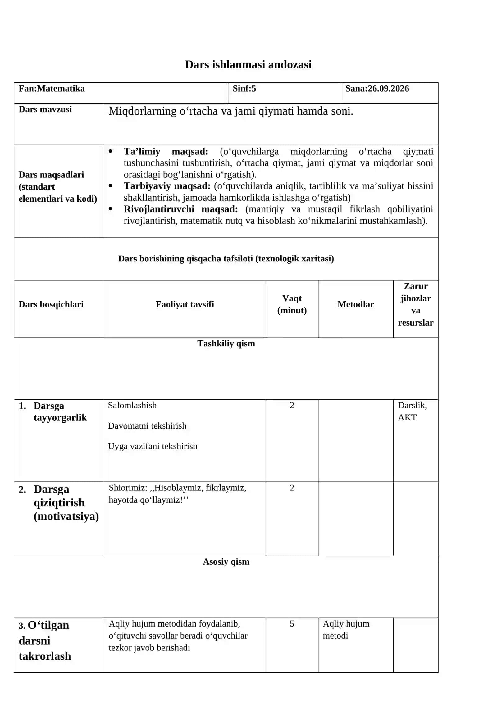 Miqdorlarning o'rtacha va jami qiymati hamda soni (5-sinf matematika) 3