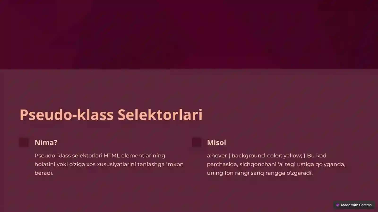CSS Selektorlari: Universal, Pseudo-klass va Pseudo-element 3