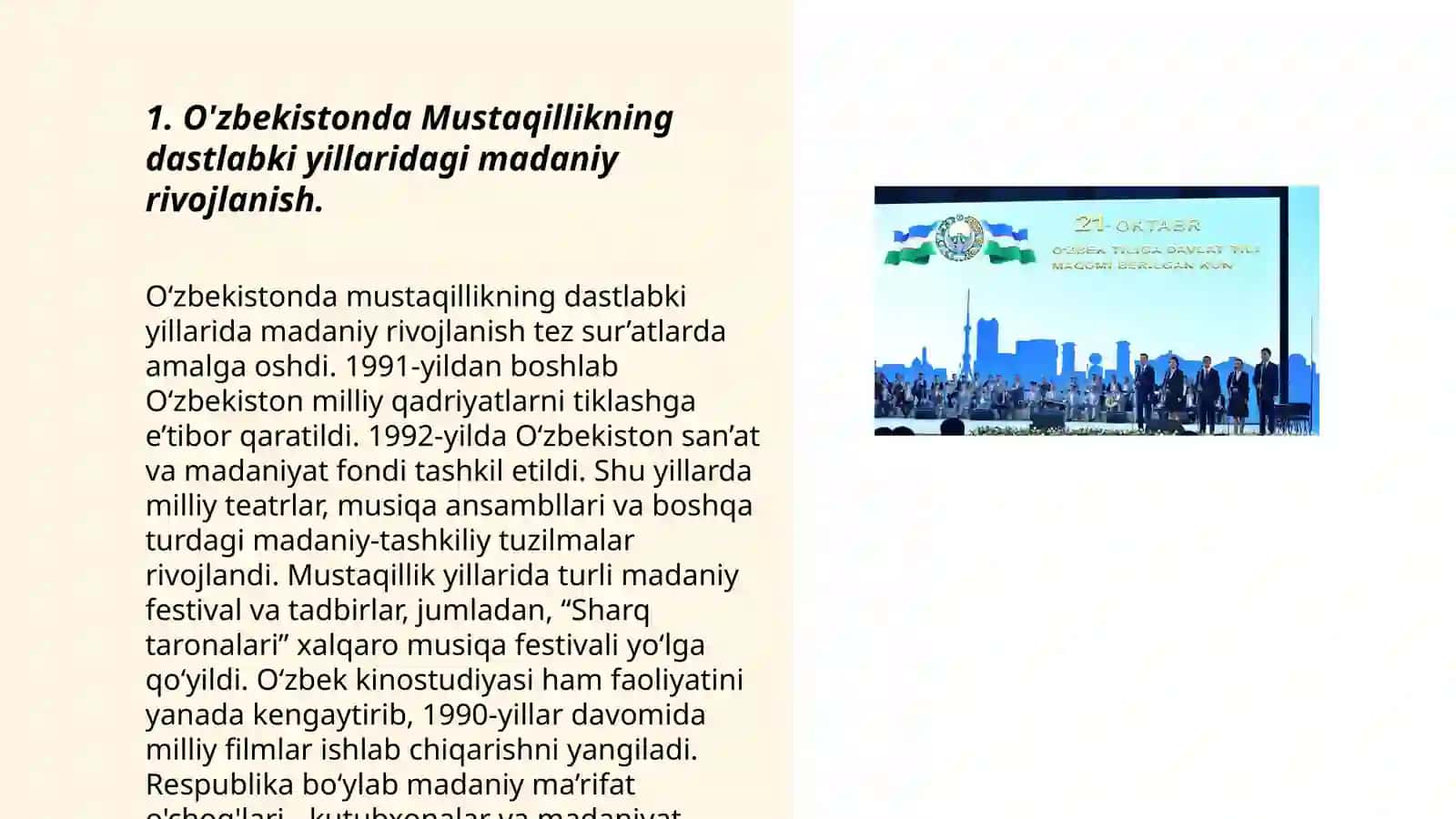 O'zbekistonda Mustaqillikning dastlabki yillaridagi madaniy rivojlanish 3