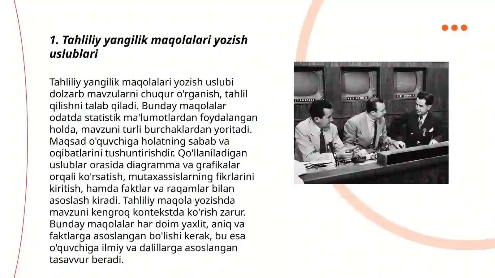 Tahliliy jurnalistikaning turli janrlarida materiallar yaratish 3