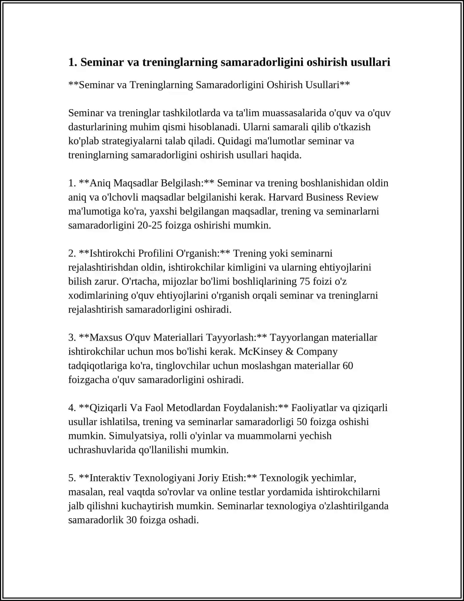 MUSTAQIL ISH Mavzu: SEMINAR TRENINGLAR, INTENSIV-INTERFAOL SEMINARLAR, AMALIY ISHLARNI TASHKIL ETISH METODIKASI 3