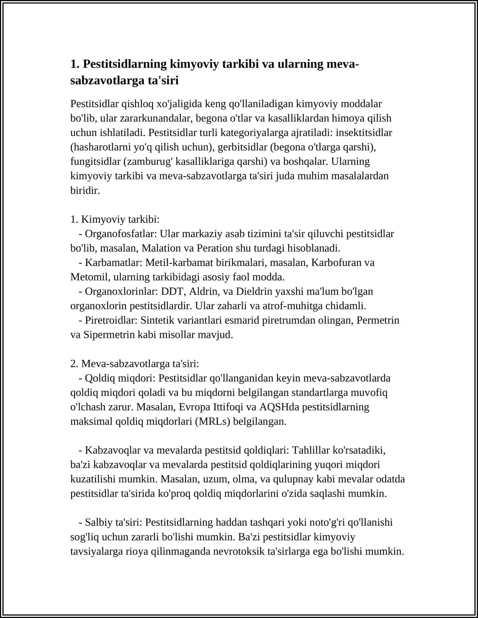 MEVA VA SABZAVOTLARDAGI PESTITSID QOLDIQLARINI KIMYOVIY USULDA TAHLIL QILISH 3