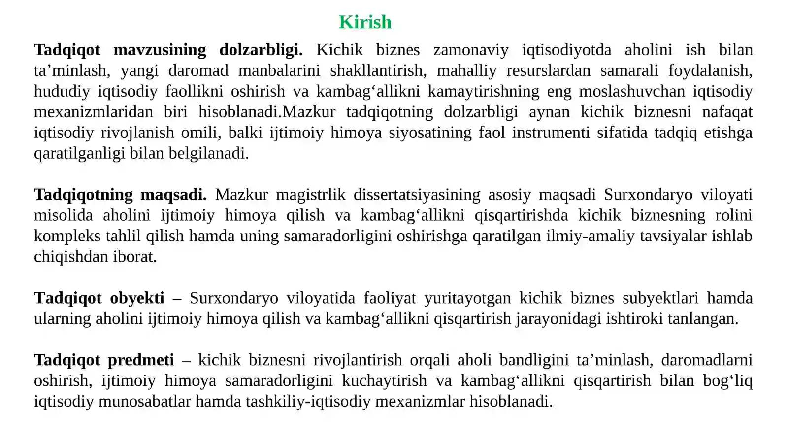 AHOLINI IJTIMOIY HIMOYA QILISH VA KAMBAG'ALLIKNI QISQARTIRISHDA KICHIK BIZNESNING ROLINI OSHIRISH MASALALARI (SURXONDARYO VILOYATI MISOLIDA) 3