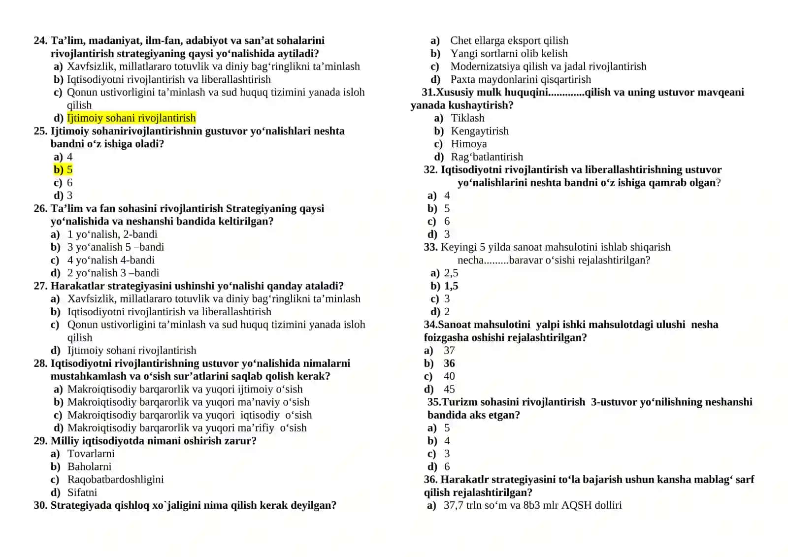 O‘zbekiston milliy taraqqiyot strategiyasi fanidan test savollari 3