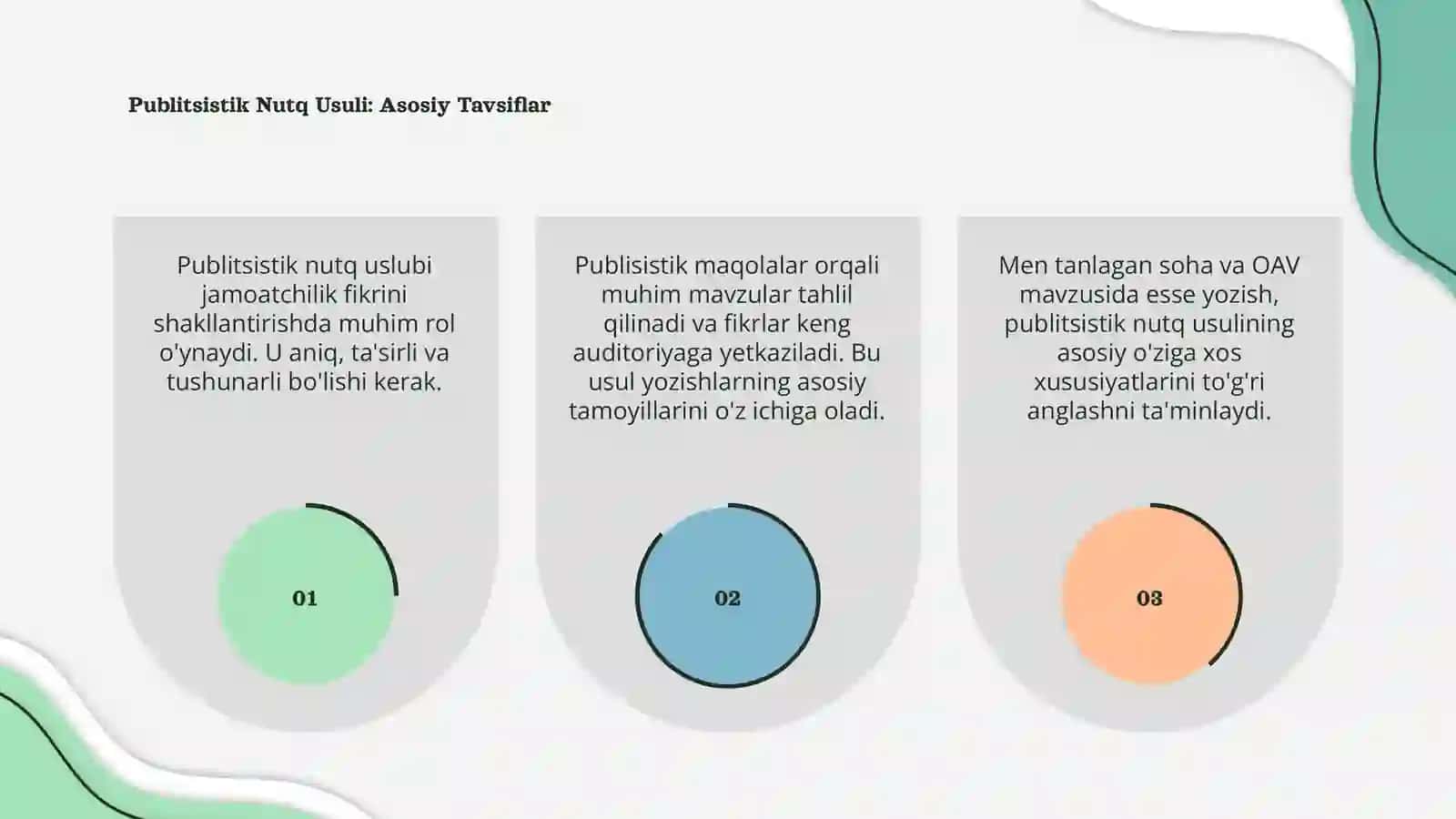 Publitsistik nutq uslubi.Publisistik maqolalar bilan tanishish va tahlil qilish."Men tanlagan soha va OAV"mavzusida esse yozish 3