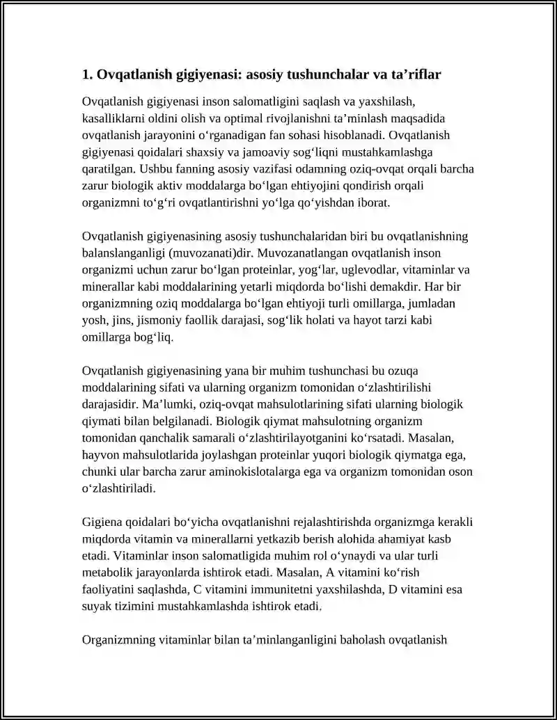 OVQATLANISH GIGIYENASI, MAQSADI VAZIFASI, ASOSIY TUSHUNCHALARI. ORGANIZMNING VITAMINLAR BILAN TA'MINLANGANLIGINI BAHOLASH 3