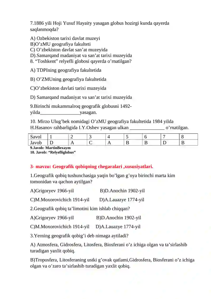 Materik va okeanlar tabiiy geografiyasidan test savollari 3
