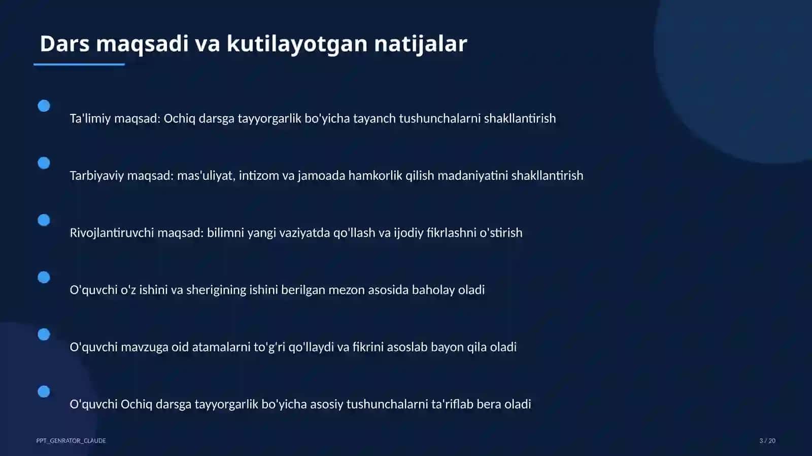 Ochiq darsga tayyorgarlik bo'yicha pedagogika va o'qitish metodikasi 3