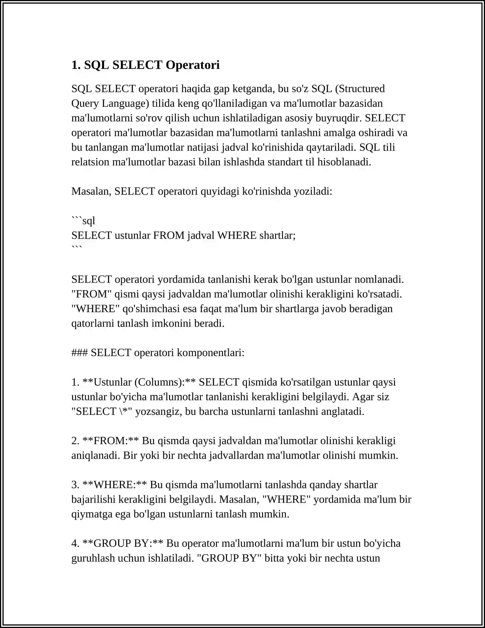 SQL TILI. SQL OPERATORLARINI YOZISH 3