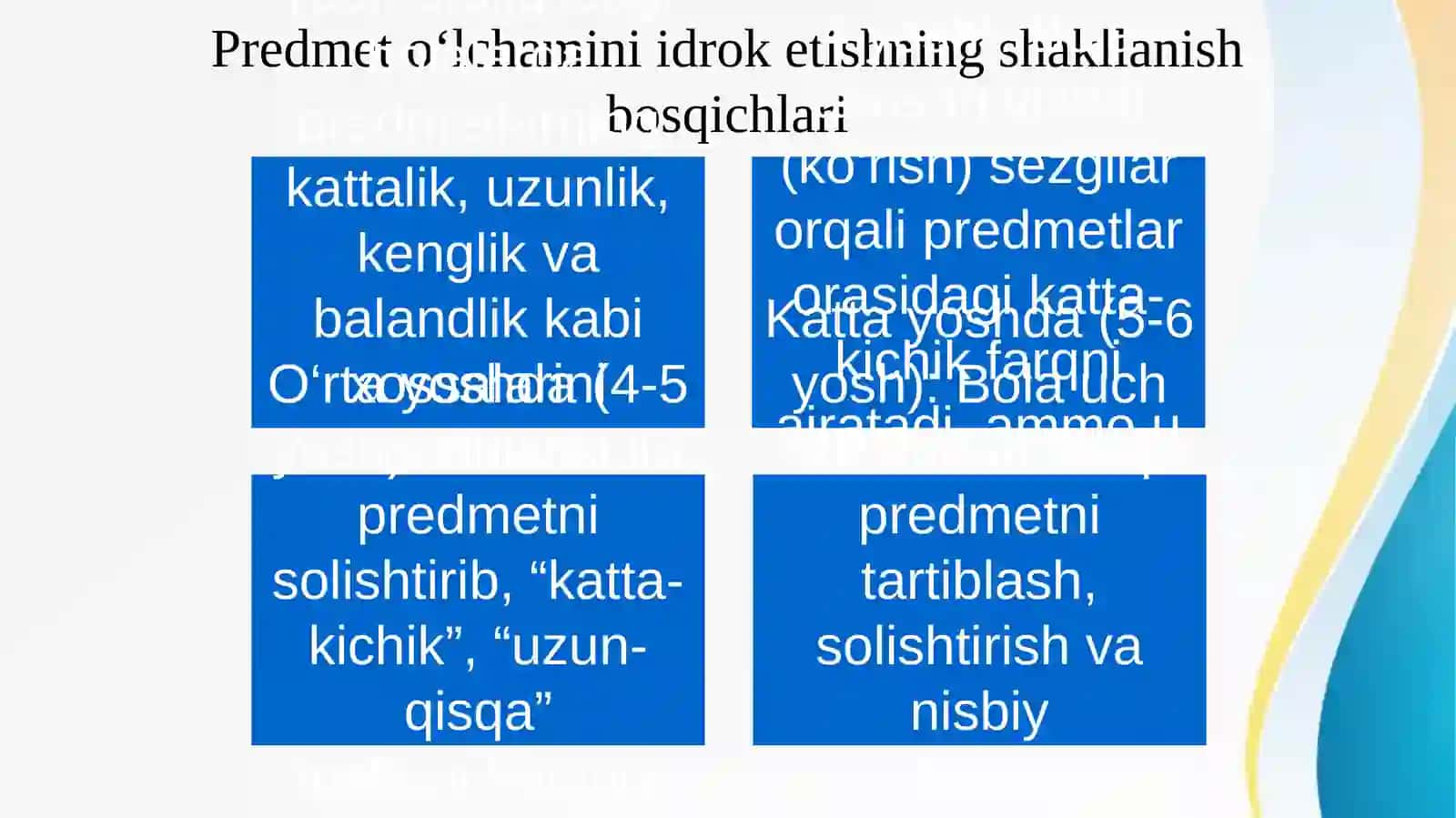Maktabgacha yoshdagi bolalarda predmetlarning o’lchamni idrok qilishning o‘zi g’axos uslubi 3